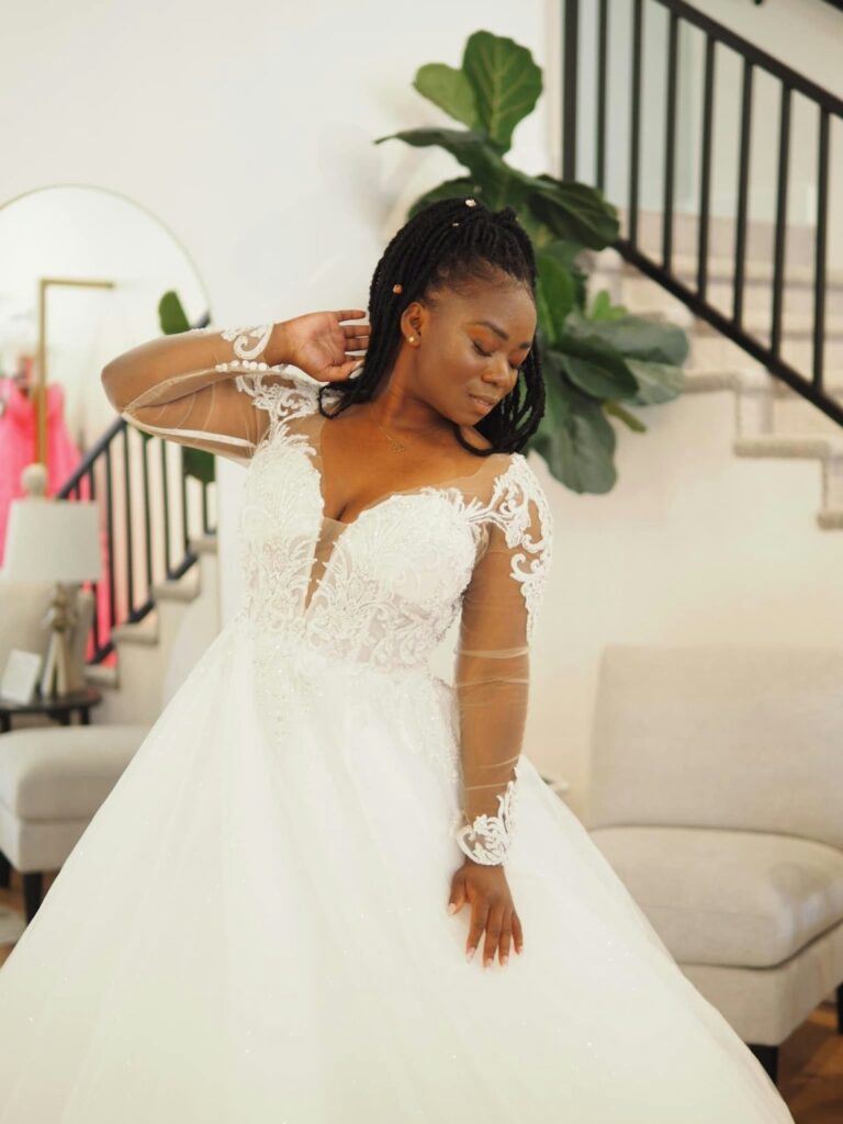 Woman in a wedding dress with a deep v