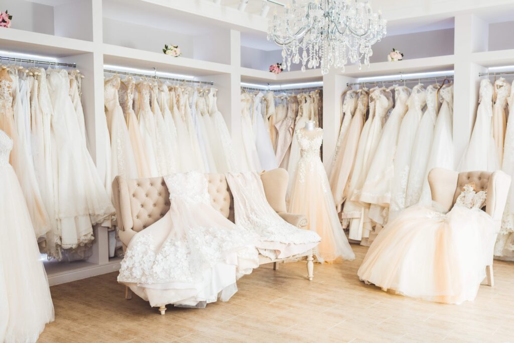 Elegant bridal shop in Idaho Falls with designer wedding dresses, custom bridal gowns, and plus size options on display.